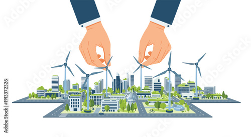 Two human hands are actively placing multiple wind turbines into an expansive, green, and sustainably developed modern city landscape.