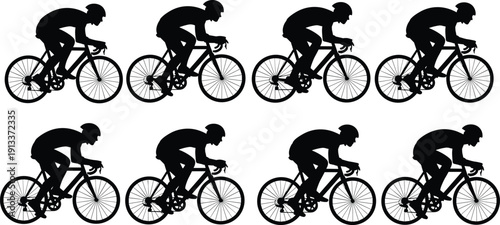 Black silhouettes of cyclists riding bicycles in various positions bike rider cycling