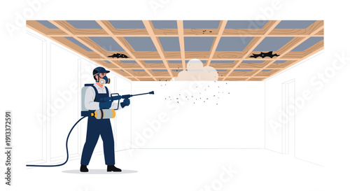 A man in a protective suit and respirator is actively spraying chemical treatment on a room's ceiling infected with mold.