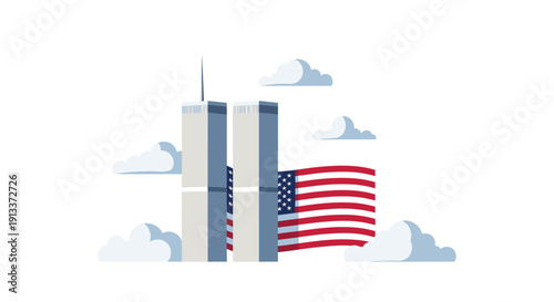 The iconic twin towers of a memorial site are depicted standing tall with an American flag waving nearby amidst white clouds.