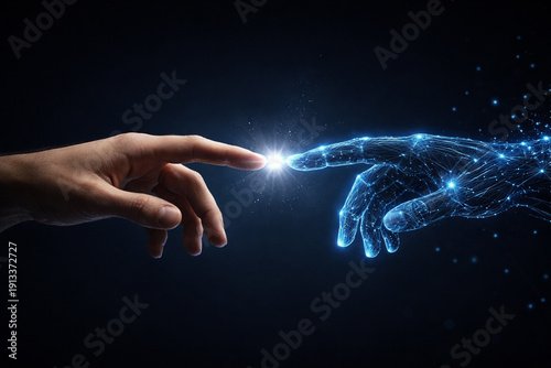 AI Revolution Concept. Human and Artificial Intelligence Touching in Digital Future.