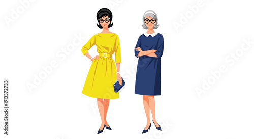 Two elegant women in retro outfits with glasses are standing side by side; one wears a yellow dress, the other a blue dress.