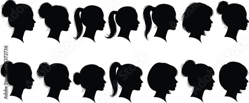 Black silhouettes of women's heads with various hairstyles profiles side views