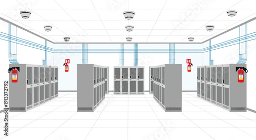 An expansive, modern data center room features multiple rows of server racks, fire extinguishers, and numerous smoke detectors.