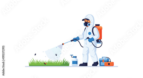 An exterminator wearing a full protective white suit and respirator is spraying insecticide on a patch of grass with visible insects.