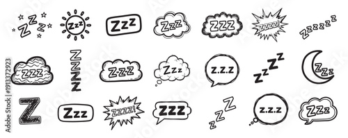 cute sleep and snoring sound icons set in hand drawn doodle style vector illustration, Cute Zzz sleeping sound bubble symbols collection in black and white cartoon doodle style vector illustration