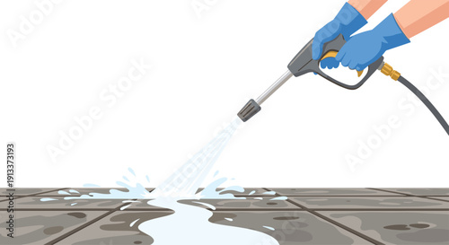 Blue gloved hands operate a pressure washer, directing a powerful stream of water onto a tiled surface, actively cleaning and splashing.