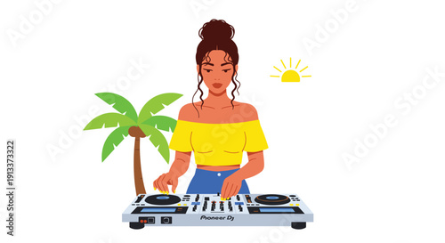 A stylish young woman with a bun operates a modern Pioneer DJ controller setup under a bright summer sun beside a tropical palm tree.