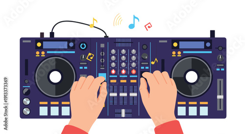Two sets of human hands are actively manipulating the controls and turntables of a sophisticated DJ mixer console, emitting colorful musical notes into the air.