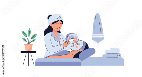 A skilled beautician, wearing a uniform and head covering, applies a modern light therapy device to a client's face during a relaxing spa treatment.