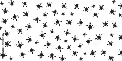 Black star-shaped ink blots pattern background with small dots and splashes