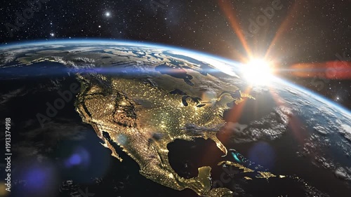 Earth with North America at night from space during sunrise.
