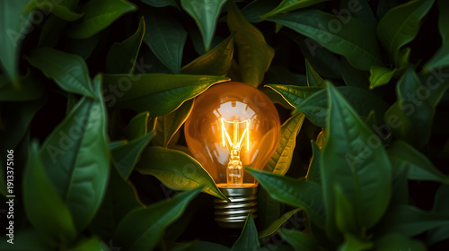 A glowing light bulb nestled among lush green leaves, symbolizing sustainable energy and environmental consciousness.