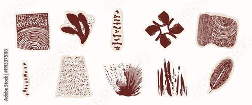 Organic abstract hand drawn texture effect accent illustration. Isolated flat vector motif grunge broken scratched flecked texture bundle. Design quirky urban modern stylised sticker icon element set