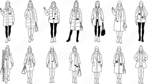 Collection of Women Wearing Winter Coats and Pom Pom Beanies Carrying Handbags in Various Poses Professional Line Art Vector Illustration