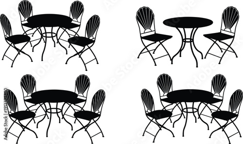 Collection of Outdoor Cafe Furniture Silhouettes Featuring Round Bistro Tables and Decorative Chairs Professional Flat Vector Illustration for Restaurant Design