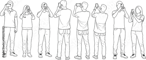 Collection of Diverse People Holding Smartphones Taking Photos and Videos in Various Poses and Angles Professional Flat Vector Illustration