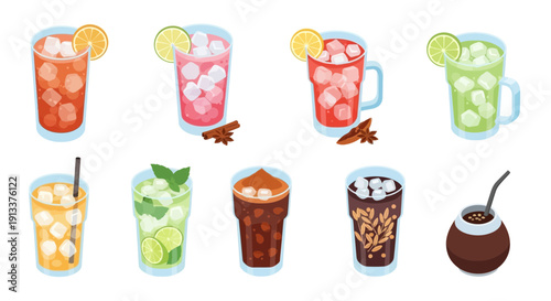 Assorted Refreshing Beverages Colorful Drinks with Ice and Fruit.