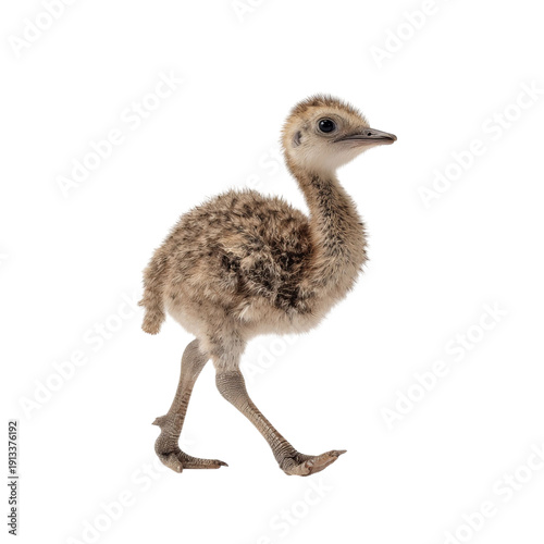 PNG of A young, fluffy ostrich chick walking gracefully.