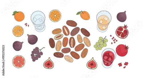 Assortment of Fresh Fruits and Dates with Refreshing Drinks.