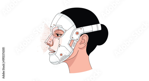 A woman's side profile reveals an intricate futuristic metallic facial mask covering her face, featuring advanced technological elements and subtle light emissions.