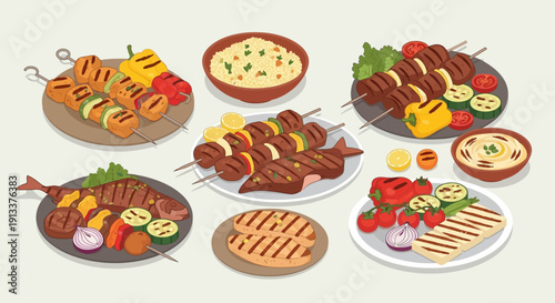 Assortment of Grilled Skewers and Dishes A Culinary Feast.