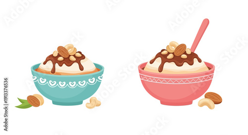 Bowls of Ice Cream with Chocolate and Nuts.