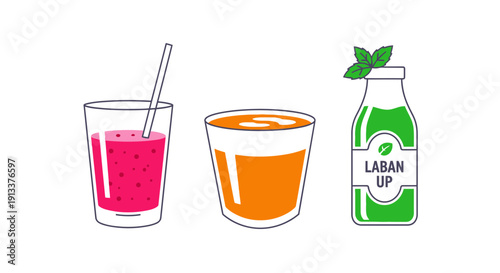 Colorful Drinks Illustration Refreshing Beverages in Glass and Bottle.