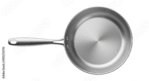 Top View of a Polished Stainless Steel Frying Pan with Long Handle Isolated on White Background
