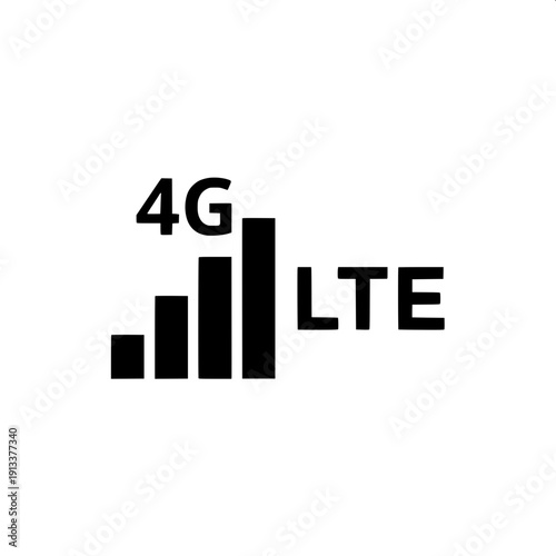 Mobile network 4G LTE symbol, black signal bars with text 4G and LTE, simple flat monochrome vector illustration.