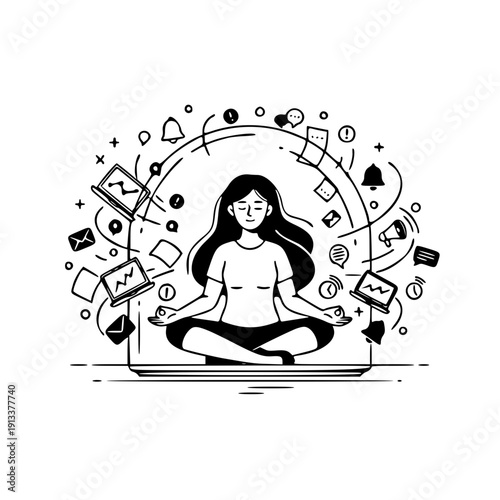 Digital Detox and Mindfulness Illustration – Woman Meditating in Glass Dome to Block Social Media Notifications Icon