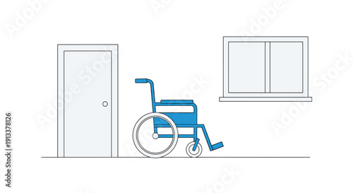 A blue wheelchair is parked beside a closed door and a window in a minimalist room with a clean white background.