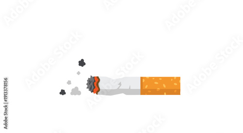 A burning cigarette butt with glowing ember and scattered ash lies horizontally on a clean white background.