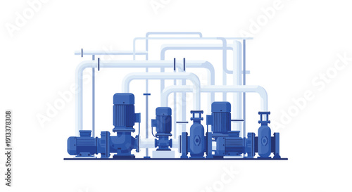 A centralized illustration showcasing a dense industrial system composed of multiple blue pumps and interconnected white pipes.