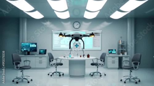 Wide shot, A minimalist white lab where a drone is delivering a small medical package.