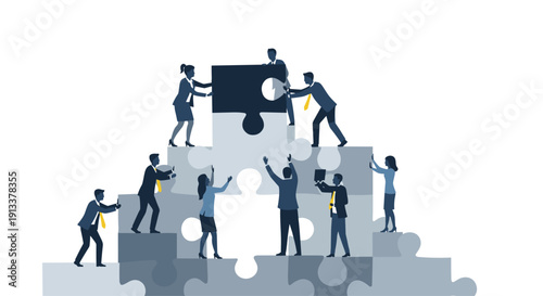 A team of business professionals collaboratively constructing a large pyramid structure using various interconnected puzzle pieces.
