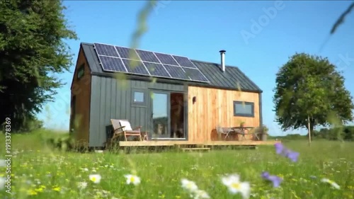 Wide shot, A modern tiny house with solar panels, nestled in a flowery meadow.