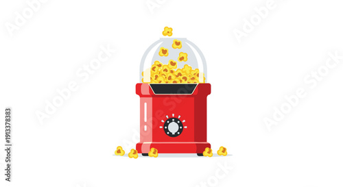A vibrant red retro-style popcorn machine actively popping yellow kernels, with some popcorn scattered around its base.
