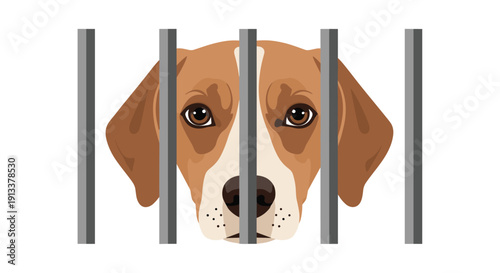 The sad, brown and white face of a beagle dog with dark eyes is visible through strong vertical grey bars.