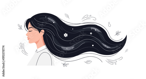 A profile view of a woman with long, dark, flowing hair adorned with subtle flowers and leaves on a white background.