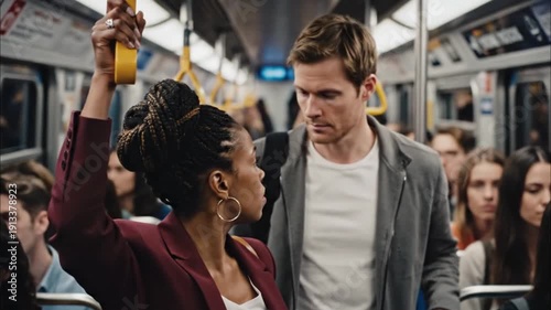 Crowded Metro Carriage During Rush Hour with Tense Commuters