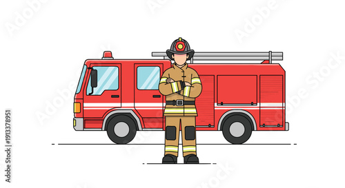 A male firefighter wearing a complete uniform and helmet stands with his arms crossed in front of a large red fire truck on a white background.