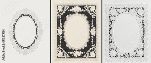White Lace Doily Frame Set with Oval Vintage Crochet Borders Isolated on Neutral Background for Social Media Branding