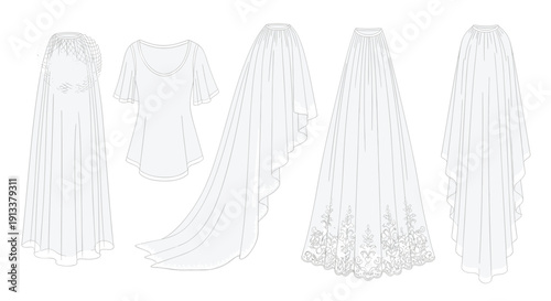 A collection of white bridal garments including flowing veils, long skirts, and a simple top, on a white background.