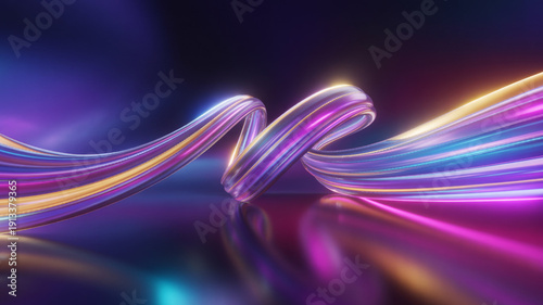 3d render. Abstract futuristic background of dynamic neon lines glowing in the dark, floor reflection. 
