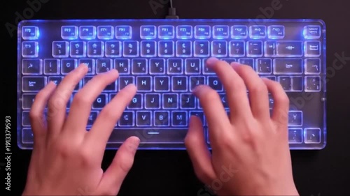 Top-down shot, A person’s hands typing on a transparent glass keyboard, neon accents.