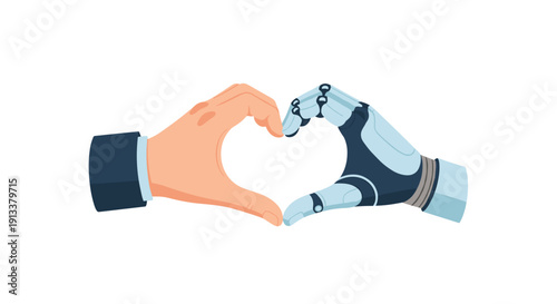 A human hand and a stylized robotic hand are artfully forming a heart shape together against a clean white background.