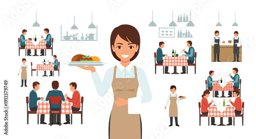 A smiling female waitress in an apron holds a plate of food, surrounded by multiple scenes of customers dining in a bustling restaurant.