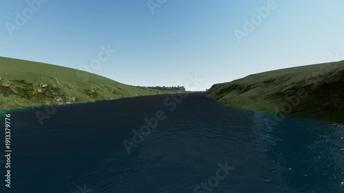Seamless Loop - Cinematic River Valley Landscape – Realistic 3D Nature Animation with Calm Water and Green Hills
