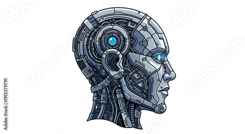 A detailed metallic robotic head in profile exhibits intricate mechanical components, visible wires, and glowing blue eyes on a white background.